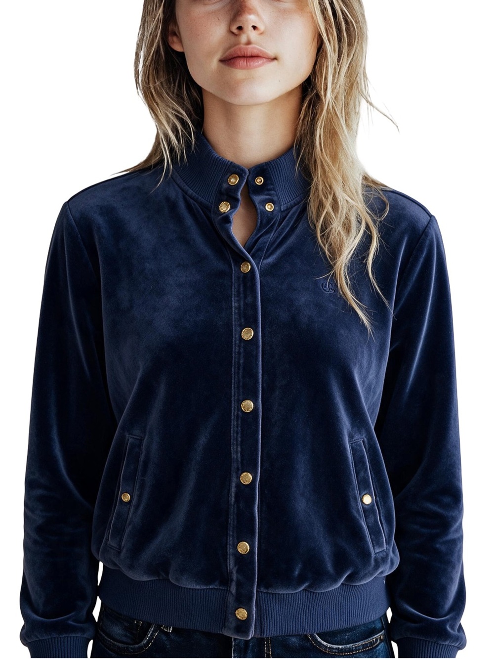 Ralph Lauren Blue Navy Velour Bomber Jacket with Gold-Tone Snaps 1X